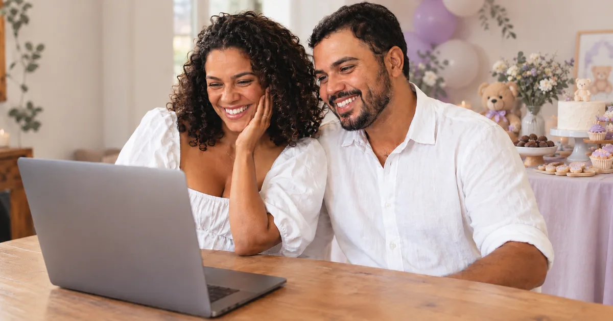 Casal sorrindo em frente ao notebook durante um chá de bebê virtual