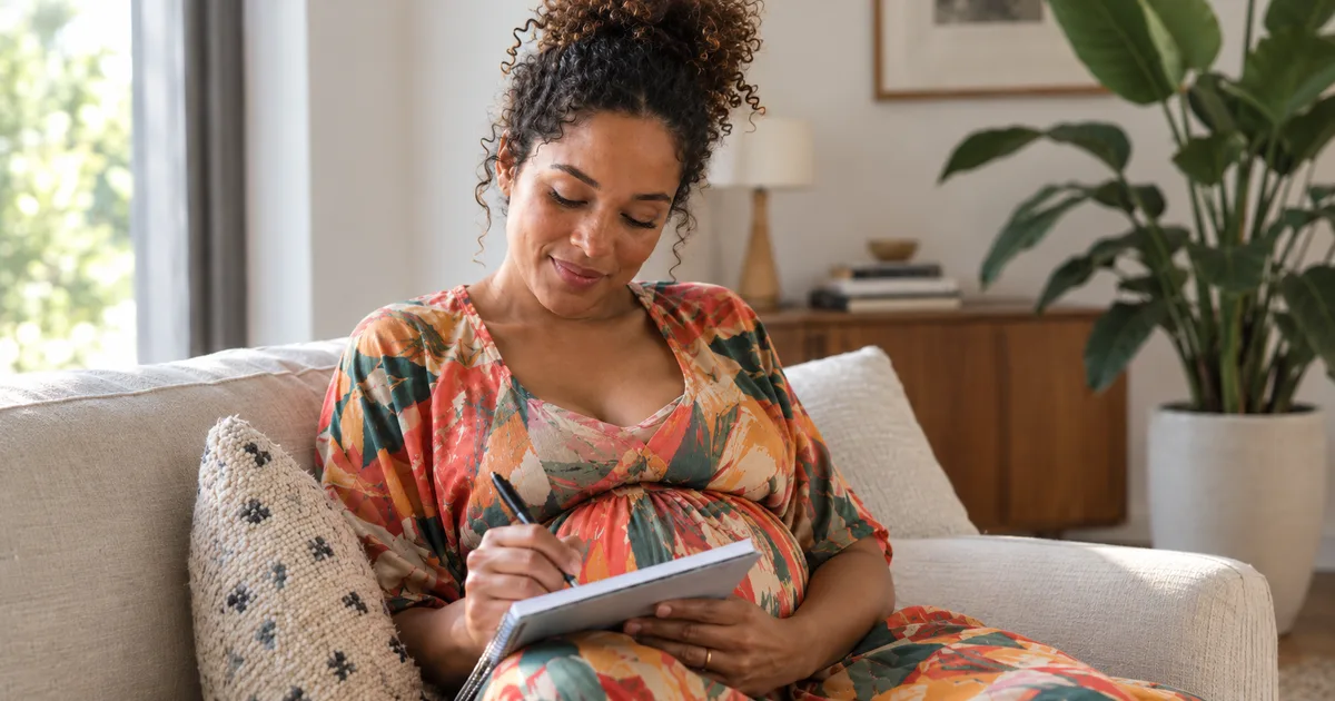 Grávida sentada no sofá escrevendo a lista do chá de bebê em um caderno