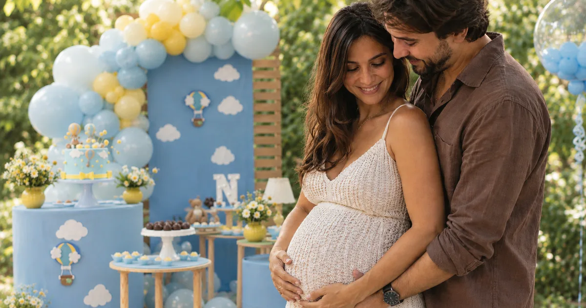 Casal abraçado segurando a barriga da gestante em chá de bebê decorado com balões