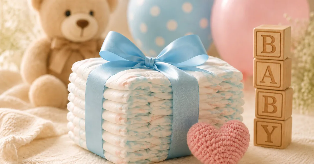 Pilha de fraldas amarrada com fita azul, ao lado de ursinho de pelúcia, balões e bloquinhos de madeira com as letras de baby
